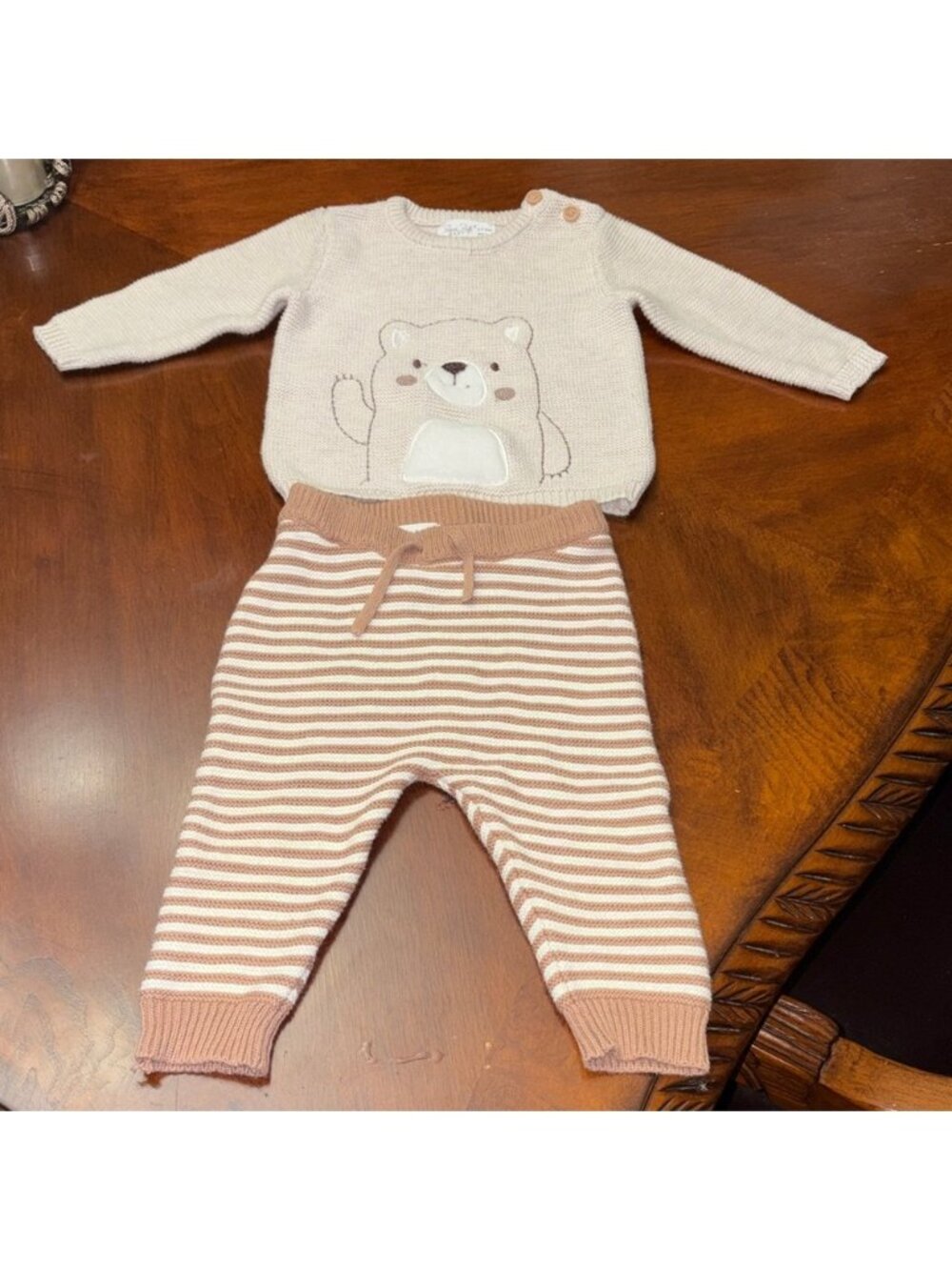 Rene Rofe Beige Bear Sweater and Striped Pants Set